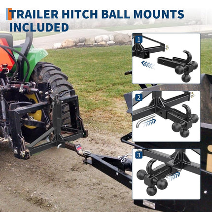 Tractor 3 Point Quick Hitch - 2" Receiver & 4-Way Ball Mount for Tractor Standard Category 1, 10,000Lbs Capacity 3 Point Trailer Hitch for Implements/Trailers
