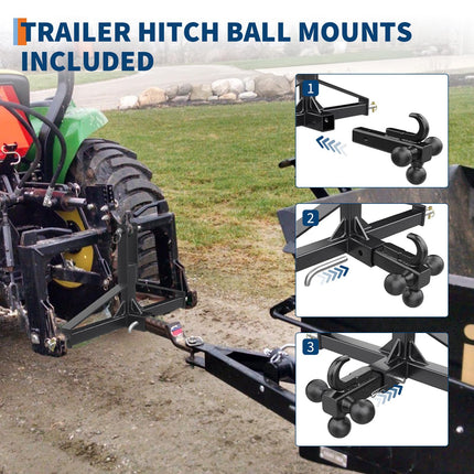 Tractor 3 Point Quick Hitch - 2" Receiver & 4-Way Ball Mount for Tractor Standard Category 1, 10,000Lbs Capacity 3 Point Trailer Hitch for Implements/Trailers