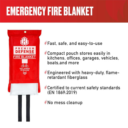 Premium Defense Emergency Fiberglass Fire Blanket, 40” x 40”, 1 Pack