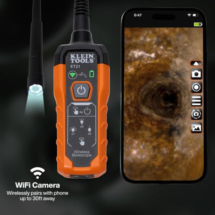 Klein Tools ET21 WiFi borescope with light, inspection camera for iPhone and Android, waterproof camera, IP67 rating, adjustable LED lighting