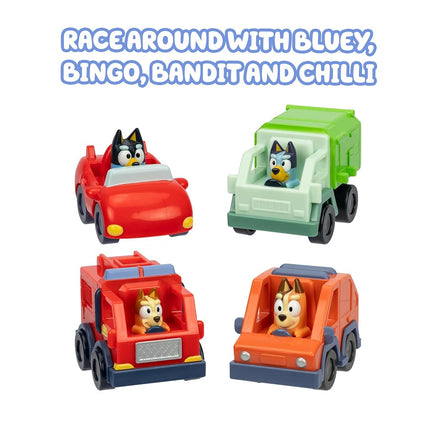 BlueY Mini Racing Cars, 4 of The Most Popular Vehicles in Small Format Play Garbage Truck, Bingo in The Fire Engine, Bandit in The Convertible and Chilli in The Heeler Family Car. Collect Them All!