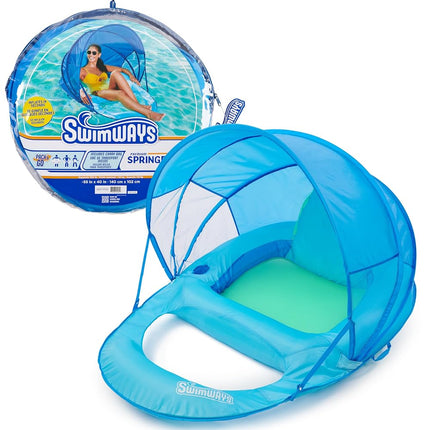 Tumbona de piscina reclinable prémium SwimWays Spring Float con dosel ajustable y válvula Hyper-Flate, azul