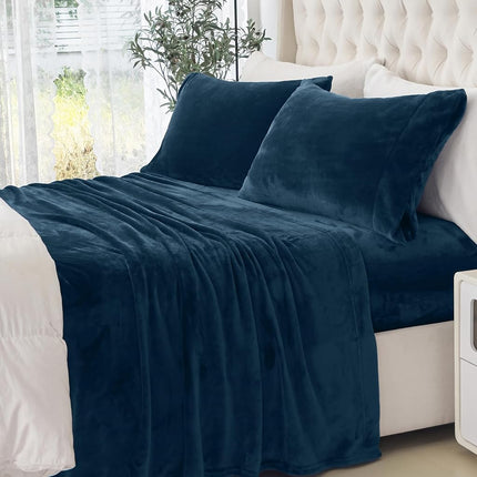Elegant Comfort Luxuriously Soft 4-Piece Velvet Plush Flannel Sheet Set - Premium Quality - Cozy Warm, Anti-Static, Non Pilling Fuzzy Velvet Flannel Fleece Deep Pocket Sheet Set - Twin XL, Navy