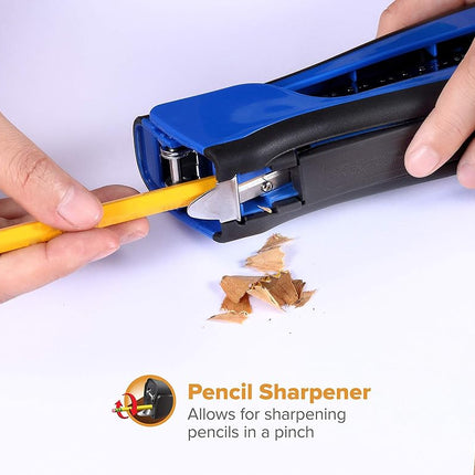 Bostitch Office Dynamo 4 in 1 Standup Stapler, Includes 420 Staples, 20 Sheet Capacity, Integrated Pencil Sharpener, Staple Remover & Staple Storage, Blue