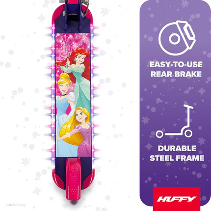 Huffy Disney Princess Light Up Inline Scooter for Girls, Ideal for Ages 5+ Years Old, 2-Wheels, Disney Princess Graphics, LED Lights, Foldable, Lightweight, Durable and Safe, Purple