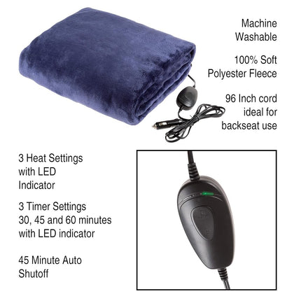 Stalwart Electric Car Blanket - Outdoor Heated 12V Travel Throw with 3 Settings and Auto Shut-Off - for Road Trips, Tailgating, and Camping (Blue)