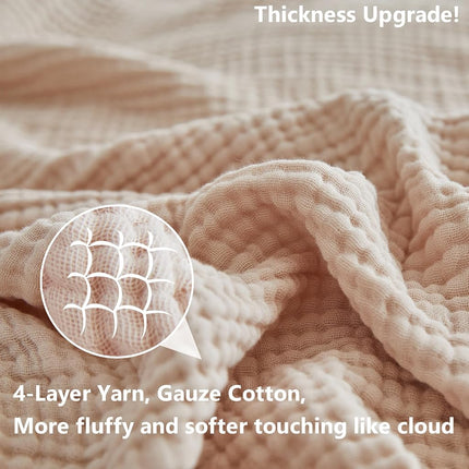 Couverture en mousseline de coton Simple&Opulence 4 couches pour lit, canapé, couverture en gaze tissée avec pompons, douce, légère, confortable, prélavée, respirante, décoration de ferme pour toutes les saisons (kaki clair)