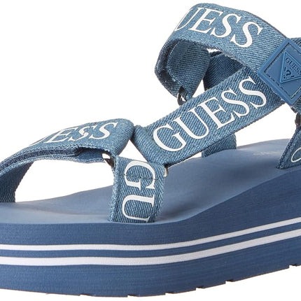 GUESS Women's Avin Wedge Sandal, Blue+White Denim,