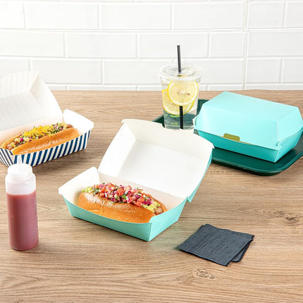 Restaurantware-Bio Tek 6.7 x 3.5 x 3.5 Inch Clamshell Food Containers, 100 Disposable Sandwich Containers - Hinged Lid, Tab-Lock Closure, Turquoise Paper Hot Dog Containers, Durable, Greaseproof