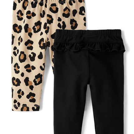 The Children's Place Baby Girls' and Newborn Knit Pull on Pants, Leopard/Black Ruffle 2-Pack, 9-12 Months