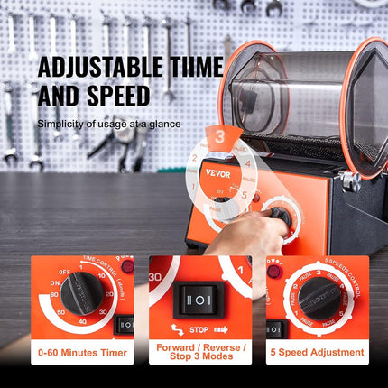 VEVOR Jewelry Polisher Tumbler, 6.6lbs/3kg Capacity Mini Rotary Tumbler Machine with 0-60 Minutes Timer, 5 Speeds Jewelry Rotary Finisher for Surface Polishing Grinding Buffing Gemstones Jewels Coins