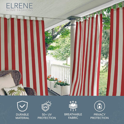 Elrene Home Fashions Highland Stripe Indoor/Outdoor Adhesive Loop Fastener Tab Top Window Curtain Panel for Patio, Pergola, Porch, Deck, Lanai, and Cabana, 50"x95", Red