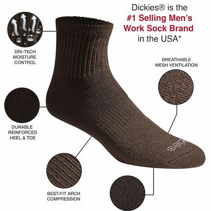 Dickies Men's Dri-tech Moisture Control Quarter Socks Multipack, Essential Worker Brown (6 Pairs), Shoe Size: 6-12