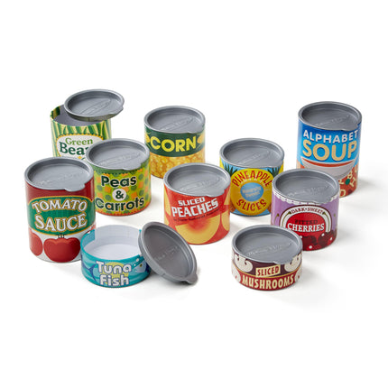 Melissa & Doug ¡A jugar a las casitas! Juego de latas de alimentos para la cocina - 10 latas apilables con tapas extraíbles