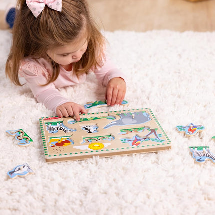 Melissa & Doug Zoo Animals Sound Puzzle - Wooden Peg Puzzle With Light-Activated Sound Effects (8 pcs) Animal Noise Puzzles for Toddlers 2+