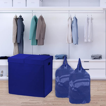 Simplehouseware Double Laundry Hamper with Lid and Removable Laundry Bags, Dark Blue