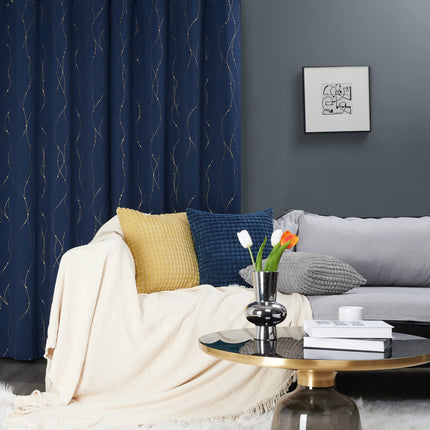 Deconovo Wave Line with Dots Gold Foil Print Design Grommet Top Blackout Curtains for Bedroom Navy Blue W52 x L72 Inch Set of 2