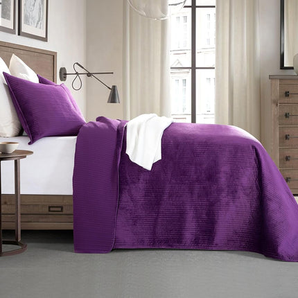 Elegant Comfort Luxury 3-Piece Velvet Corduroy Stripe Quilt Set, Ultra Soft Bedspread - Cozy Velvet Coverlet Set - 3PC Medium Weight Quilted Set with Matching Pillow Shams, Full, Purple
