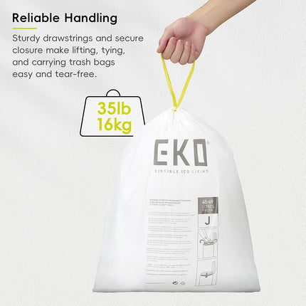 EKO 12.9 Gallon / 45-49 Liter, 60 Count Drawstring Trash Bags, Extra-Strong Unscented Garbage Bags, Easy-Dispense Roll for Kitchen & Household Use, Resists Tears, Leaks and Punctures, Code J, White