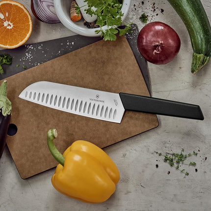 Victorinox, Swiss Modern Professional Santoku Knife, Extra Sharp Blade, Serrated Edge, 17 cm, Robust Plastic Handle, Stainless Steel, Black