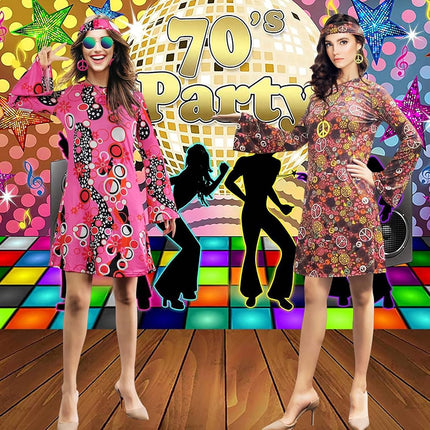 MRYUWB 70s Hippie Dress Costumes Necklace Earrings Sunglass Women Disco Outfit, 60s Party Costume, Halloween Retro Dresses (Pink, M)