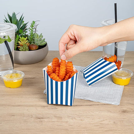 Bio Tek 3.9 x 2.6 x 3.5 Inch French Fry Cup, 100 Disposable Snack Cups - Stackable, Sustainable, Blue and White 2 Ounce Paper Fry Holder, for Fries, Onion Rings, Popcorn, or Cookies - Restaurantware