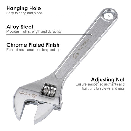 Olympia Tools 6" Adjustable Wrench, Heavy Duty Drop Forged Steel, Chrome Plated, Precision Machined Jaws, Rust Resistant