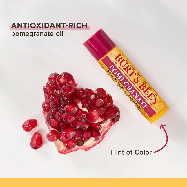 Bálsamo Labial Burt's Bees, Cuidado Labial Hidratante, para Hidratación todo el día, 100% Natural, Granada con Cera de Abejas y Extractos de Frutas (Paquete de 4)