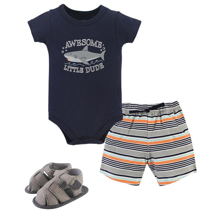 Hudson Baby Ensemble 3 pièces pour bébé, body, short, chaussures, motif requin, 0-3 mois