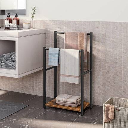 HOOBRO Freestanding Towel Rack, 2 Tier Blanket Ladder Holder for Bathroom, 42 x 24 x 80 cm, Blanket Rack, Industrial Drying and Display Rack with Shelf, Metal, Rustic Brown and Black BF02LB01