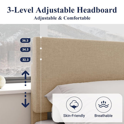Allewie King Size Bed Frame with Adjustable Headboard, Upholstered Platform Bed with Wood Slats, Heavy Duty Mattress Foundation, No Box Spring Needed, Noise-Free, Easy Assembly, Dark Grey