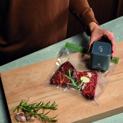 Electrolux Handheld 23EVSL01AY Rechargeable Food Sealer and Vacuum Pump for storage and Sous Vide with Reusable Sealer Bags (10), Small, Gray