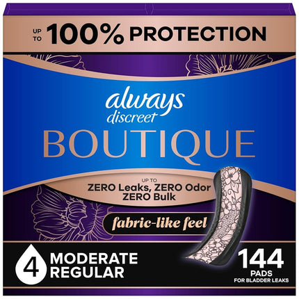 Always Discreet Boutique Adult Incontinence & Postpartum Pads for Women, Size 4, Moderate Absorbency, Regular Length, 48 Count x 3 Packs (144 Count Total) (Packaging May Vary)