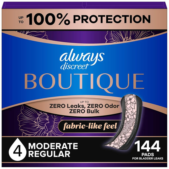 Always Discreet Boutique Adult Incontinence & Postpartum Pads for Women, Size 4, Moderate Absorbency, Regular Length, 48 Count x 3 Packs (144 Count Total) (Packaging May Vary)