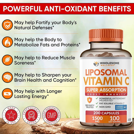 Liposomal Vitamin C - 200 Capsules 1500mg - Natural High Absorption Ascorbic Acid - Supports Immune System and Collagen Booster - Powerful Antioxidant High Dose Fat Soluble Supplement - Lypo Spheric