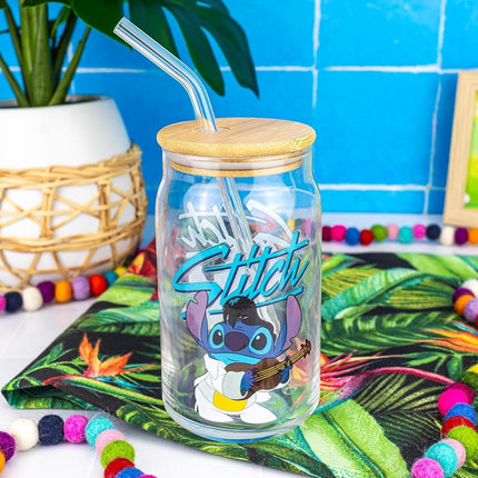 Silver Buffalo Disney Lilo and Stitch Glass Tumbler with Bamboo Lid and Glass Straw Featuring Stitch in an Elvis Costume, 16 Ounces