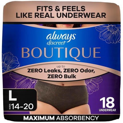 Ropa interior para incontinencia y posparto para mujer Always Discreet Boutique, protección máxima, talla grande, negra, 18 unidades