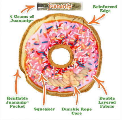 Doggijuana Doggi Duo Refillable Juananip Toy Bundle | Pink Donut & Juananip | Funny Dog Toy Plush with Catnip and Refill | Interactive Chew for Play