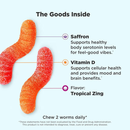 OLLY Hello Happy Gummy Worms, Vitamin D, Saffron, Mood Balance Support, Adult Chewable Supplement, Tropical Zing - 90 Count