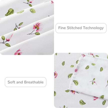 Mooreeke Floral Queen Sheets, Soft Breathable Microfiber Printed Bed Sheet Set, Deep Pocket Non-Slip Fitted Sheet Included, Flower Leaf Pattern