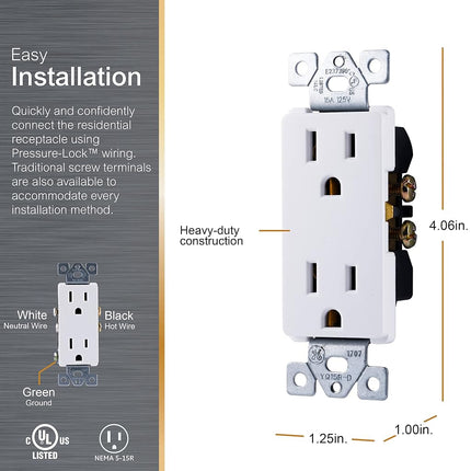 GE 50727 Grounding Duplex Receptacle, Designer 15A/125VAC, White