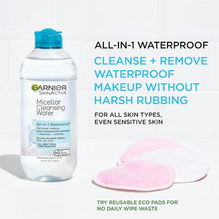 Garnier SkinActive Micellar Cleansing Water, For All Skin Types, 13.5 fl oz + Micellar Cleansing Water, For Waterproof Makeup, 3.4 fl oz