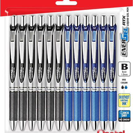 Pentel Energel Liquid Gel Pen- 1 Mm Bold 6 Black Ink & 6 Blue Ink Pens Energel, Bulk Pack of 12 Combo RTX Retractable Deluxe Liquid Gel Pen.