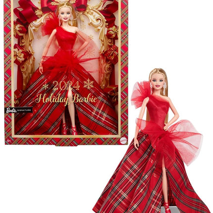 Barbie Signature Doll, 2024 Holiday Barbie Blonde Fashion Doll Wearing Gown with Plaid Skirt, Seasonal Collector Gift in Displayable Packaging, HRM65