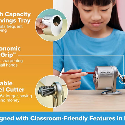 Bostitch Office Wall Mount Manual Pencil Sharpener, Tip Saver, 8 Hole Dial, 6X Longer Cutter Life, Vertical or Horizontal Mounting, Silver