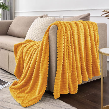 BEDELITE Ribbed Mustard Yellow Fleece Throw Blanket for Couch, 50x70 Inch