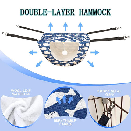 JSPYFITS Cat Cage Hammock with Ball,Double Layer Hanging Adjustable Soft Pet Bed Suit for Kitten Ferret Puppy Rabbit or Small Pet, 2 Level Indoor Bed for All Season(Blue Whale)