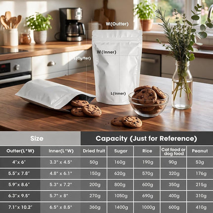 120pcs 7.1"x10.2" Mylar Bags for Food Storage,Smell Proof Bag Resealable Food Storage Bags for Small Business, Treat Snack Stand-up Foil Pouch Packaging Freeze Dried Candy Bag（White）