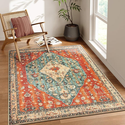 Lahome Boho Tribal Square 4x4 Area Rug, Washable Kitchen Rugs Soft Living Room Rugs with Rubber Backing, Oriental Non Slip Non-Shedding Indoor Throw Floor Carpets for Bedroom Nursery Office