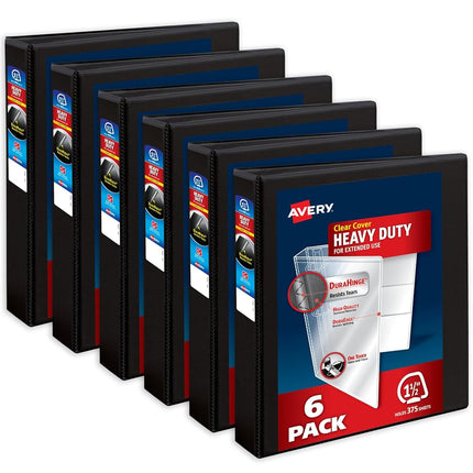 Avery Heavy-Duty View 3 Ring Binders, 1.5 Inch One Touch Slant Rings, 375-Sheet Capacity, DuraHinge, 2.1 Inch Wide Spine, Customizable Clear Cover and Spine, Black Binders (6-Pack of 79097)